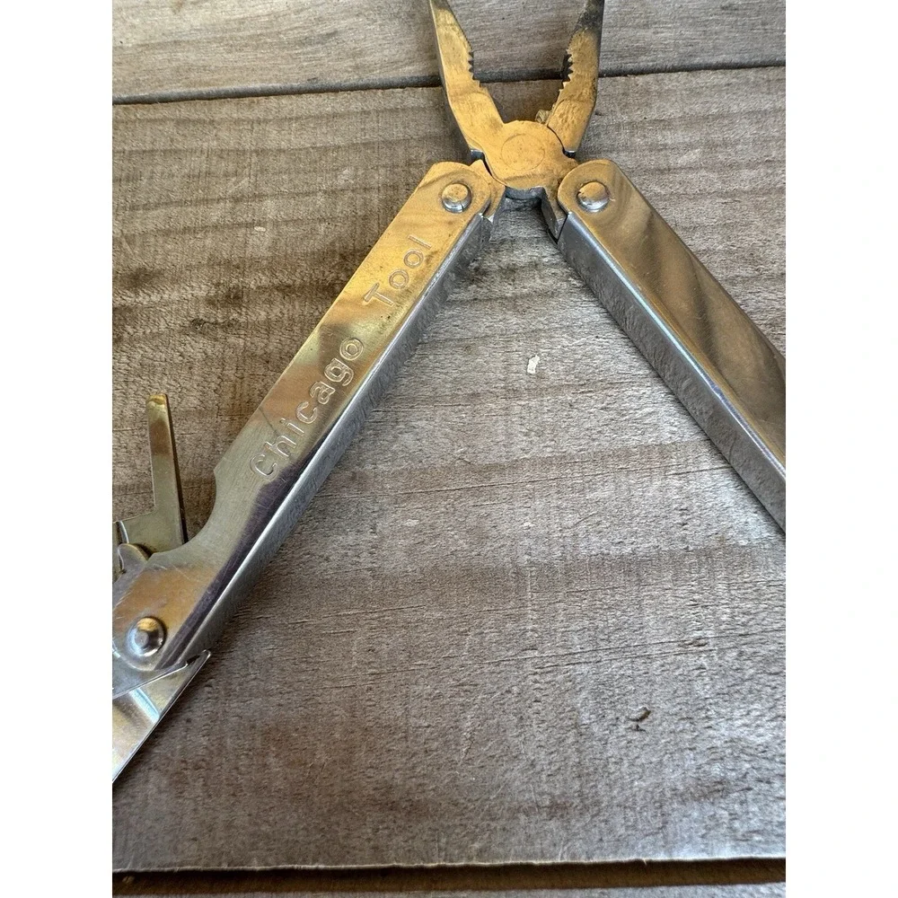 Vintage Chicago Tool‎ Chrome Multitool. With Case Pliers, Knife & Accessories